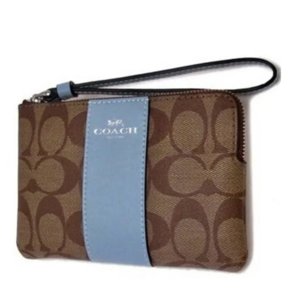 Corner Zip Wristlet In Signature Canvas Khaki / Marble Blue
